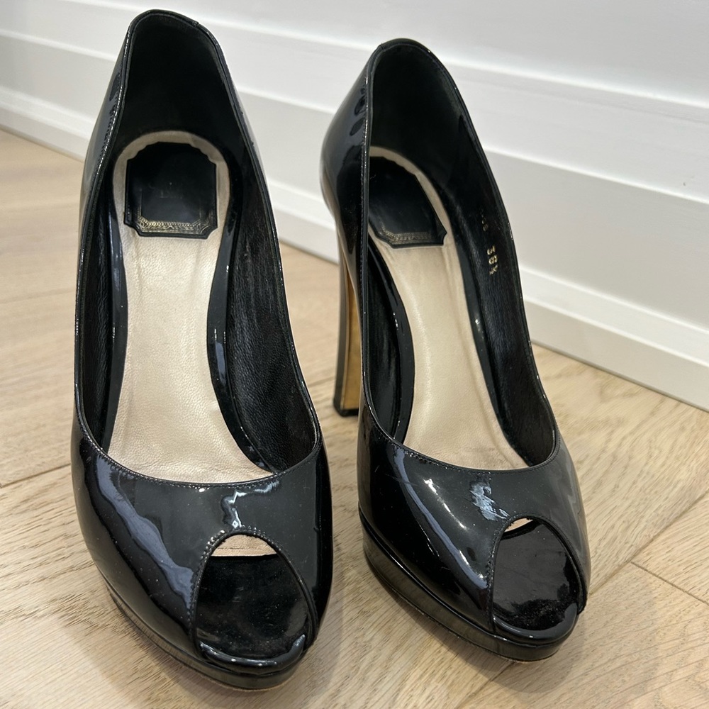 Christian Dior patent leather peep toe platform pumps